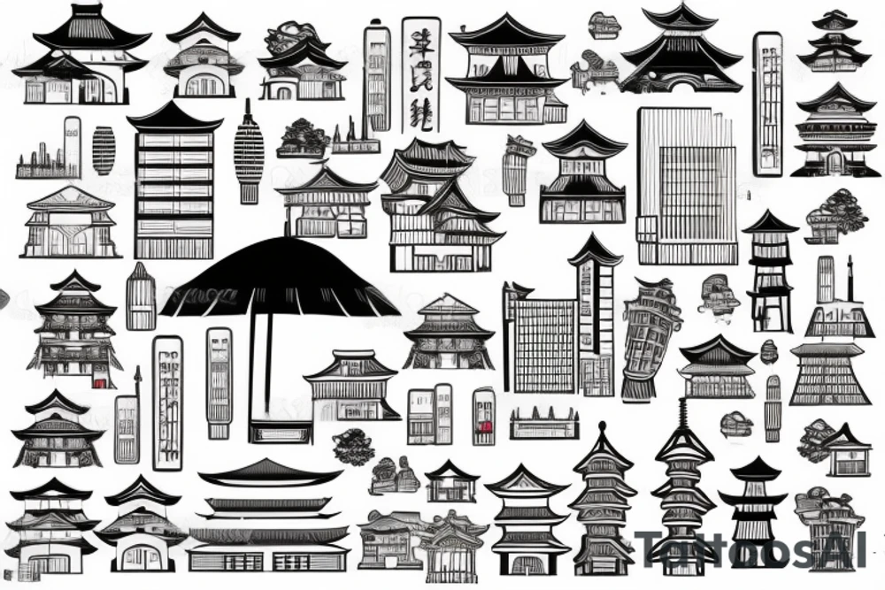An arm tattoo of a Japanese city for a guy tattoo idea