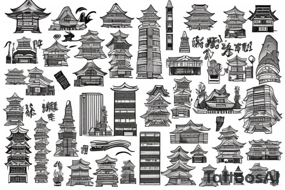 An arm tattoo of a Japanese city for a guy tattoo idea