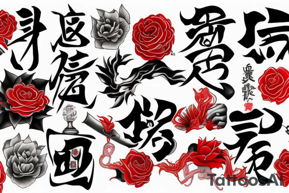 An arm tattoo Japanese themed use black and red tattoo idea