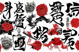 An arm tattoo Japanese themed use black and red tattoo idea