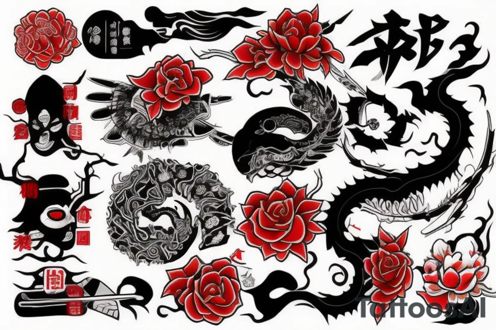 An arm tattoo Japanese themed use black and red tattoo idea