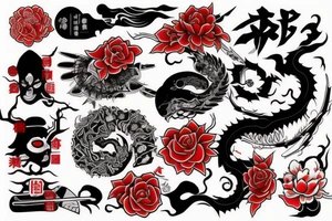 An arm tattoo Japanese themed use black and red tattoo idea