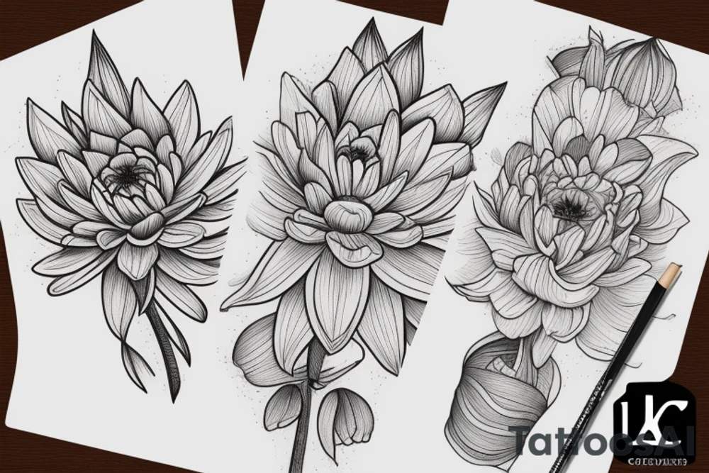 Larkspur, water Lilly and chrysanthemum flower sleeve design tattoo idea