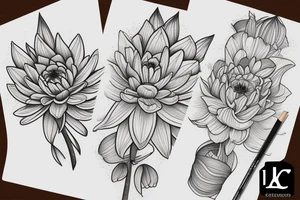 Larkspur, water Lilly and chrysanthemum flower sleeve design tattoo idea