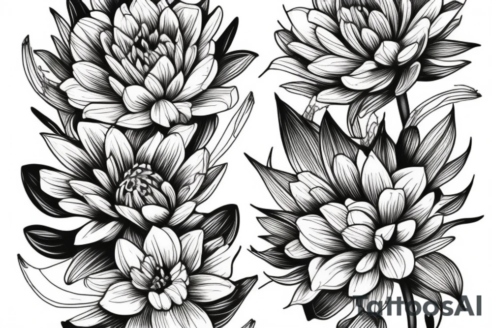Larkspur, water Lilly and chrysanthemum flower sleeve design tattoo idea