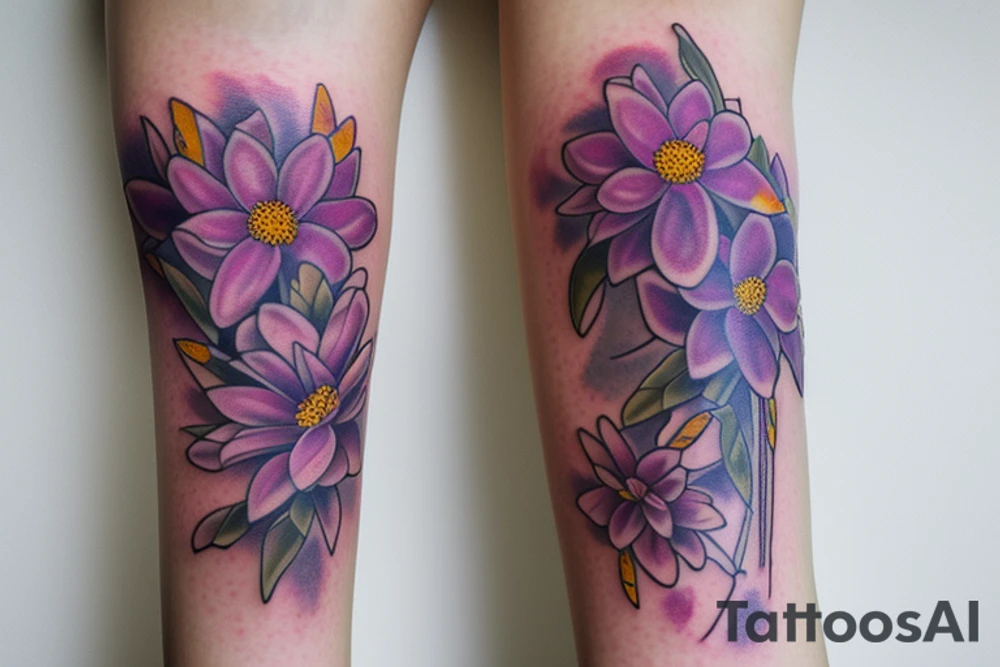 Larkspur, water Lilly and chrysanthemum flower sleeve design tattoo idea