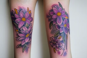 Larkspur, water Lilly and chrysanthemum flower sleeve design tattoo idea
