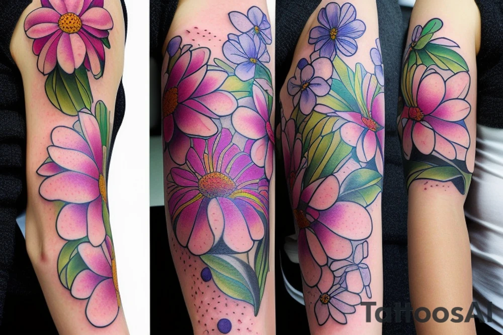 Larkspur, water Lilly and chrysanthemum flower sleeve design tattoo idea