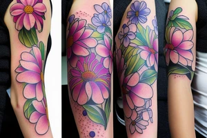 Larkspur, water Lilly and chrysanthemum flower sleeve design tattoo idea