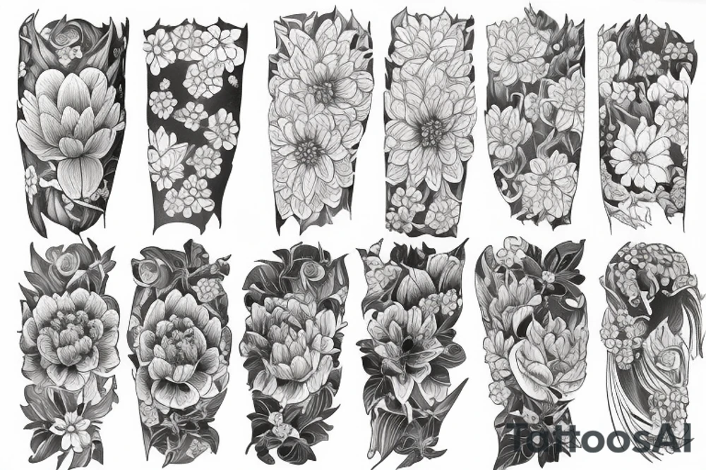 Larkspur, water Lilly and chrysanthemum flower sleeve design tattoo idea