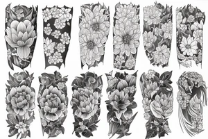 Larkspur, water Lilly and chrysanthemum flower sleeve design tattoo idea
