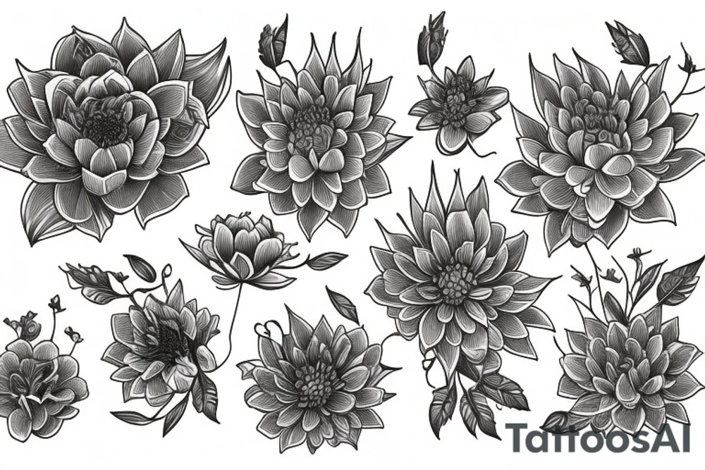 Larkspur, water Lilly and chrysanthemum flower sleeve design tattoo idea