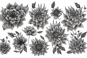 Larkspur, water Lilly and chrysanthemum flower sleeve design tattoo idea