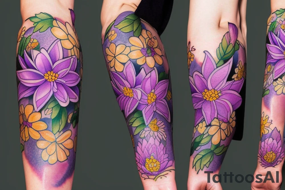 Larkspur, water Lilly and chrysanthemum flower sleeve design tattoo idea