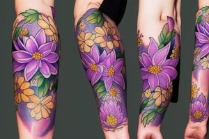 Larkspur, water Lilly and chrysanthemum flower sleeve design tattoo idea