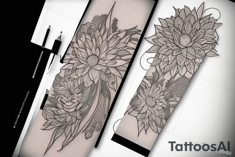 Larkspur, water Lilly and chrysanthemum flower sleeve design tattoo idea