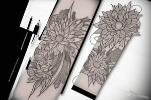Larkspur, water Lilly and chrysanthemum flower sleeve design tattoo idea