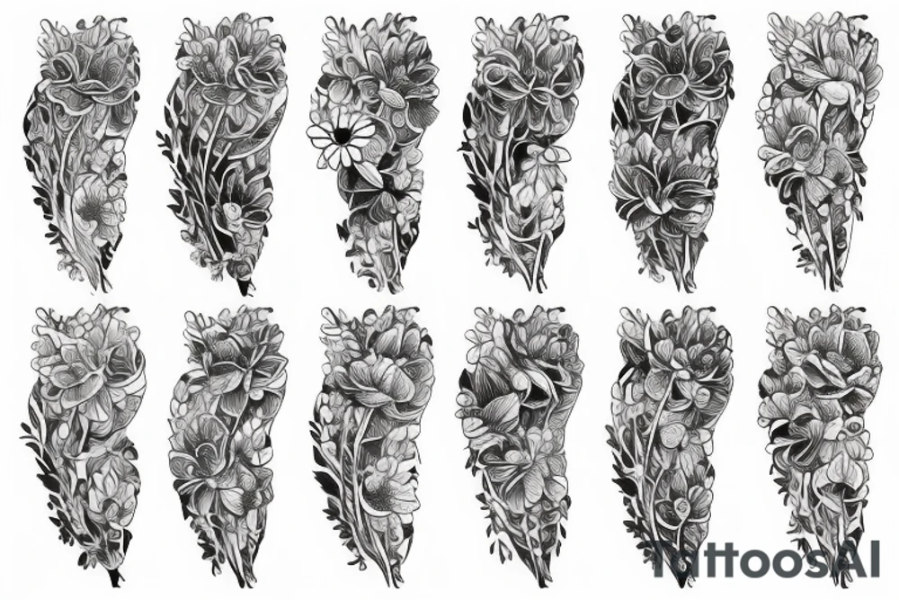 Larkspur, water Lilly and chrysanthemum flowing together with water tattoo idea