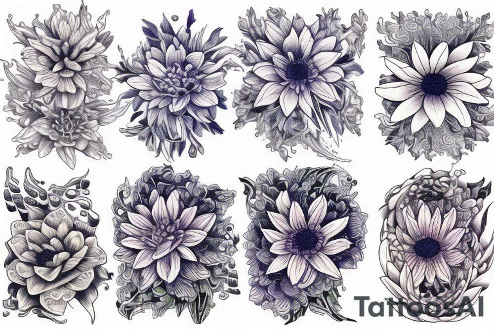 Larkspur, water Lilly and chrysanthemum flowing together with water tattoo idea