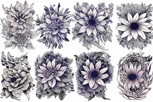 Larkspur, water Lilly and chrysanthemum flowing together with water tattoo idea