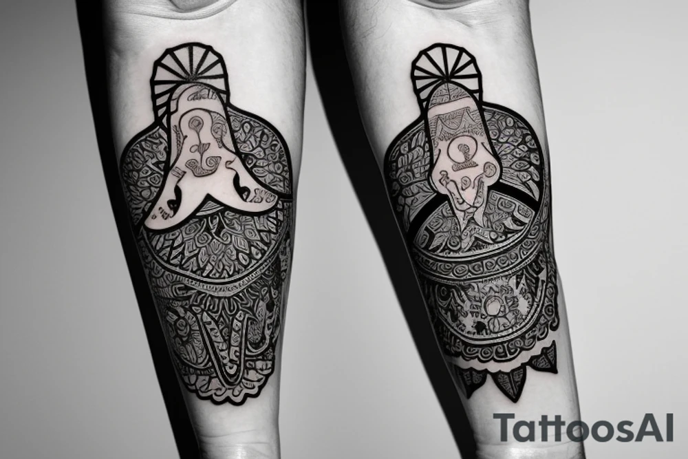 Calf band tattoo featuring 3 Israeli hamsa symbols. It's wrapped around the calf. tattoo idea