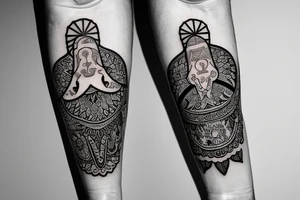 Calf band tattoo featuring 3 Israeli hamsa symbols. It's wrapped around the calf. tattoo idea