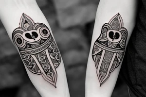 Calf band tattoo featuring 3 Israeli hamsa symbols. It's wrapped around the calf. tattoo idea