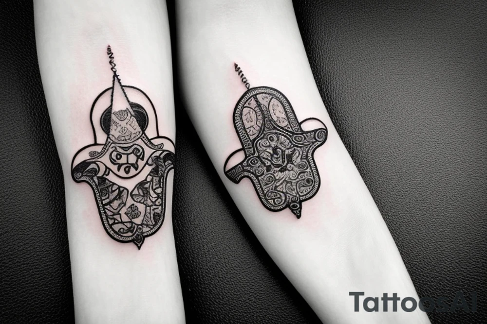 Calf band tattoo featuring 3 Israeli hamsa symbols. It's wrapped around the calf. tattoo idea