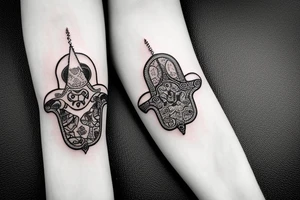 Calf band tattoo featuring 3 Israeli hamsa symbols. It's wrapped around the calf. tattoo idea