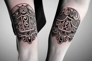 Calf band tattoo featuring 3 Israeli hamsa symbols. It's wrapped around the calf. tattoo idea