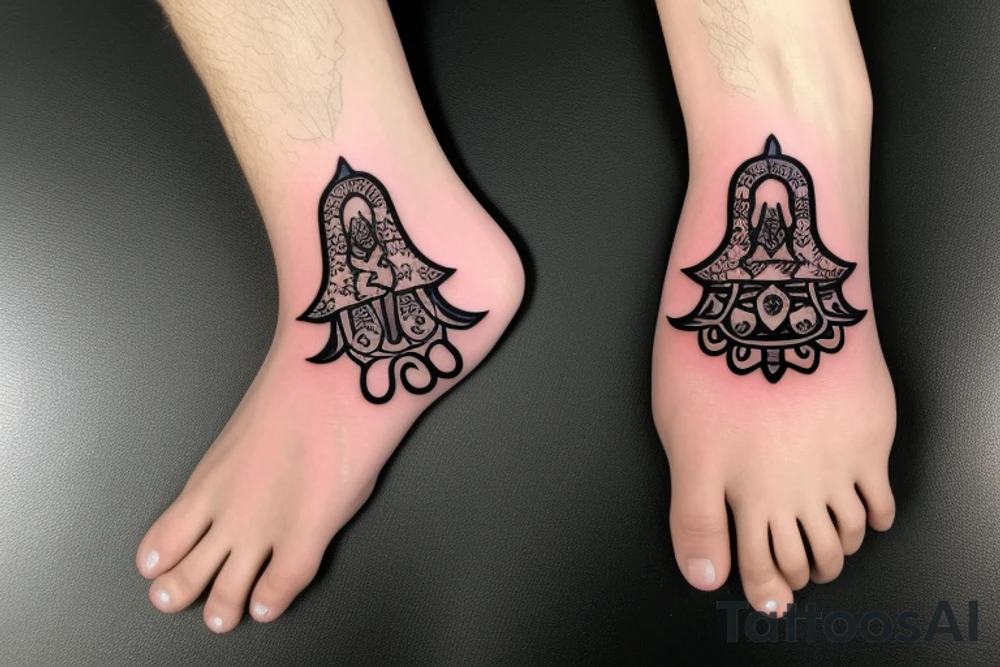 Calf band tattoo featuring exactly three hamsa symbols. It's wrapped around the calf. tattoo idea