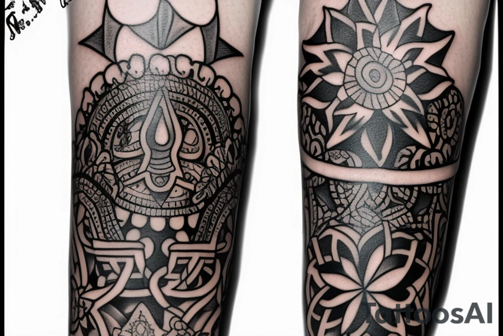 Calf tattoo featuring exactly three hamsa symbols. It's wrapped around the calf. tattoo idea