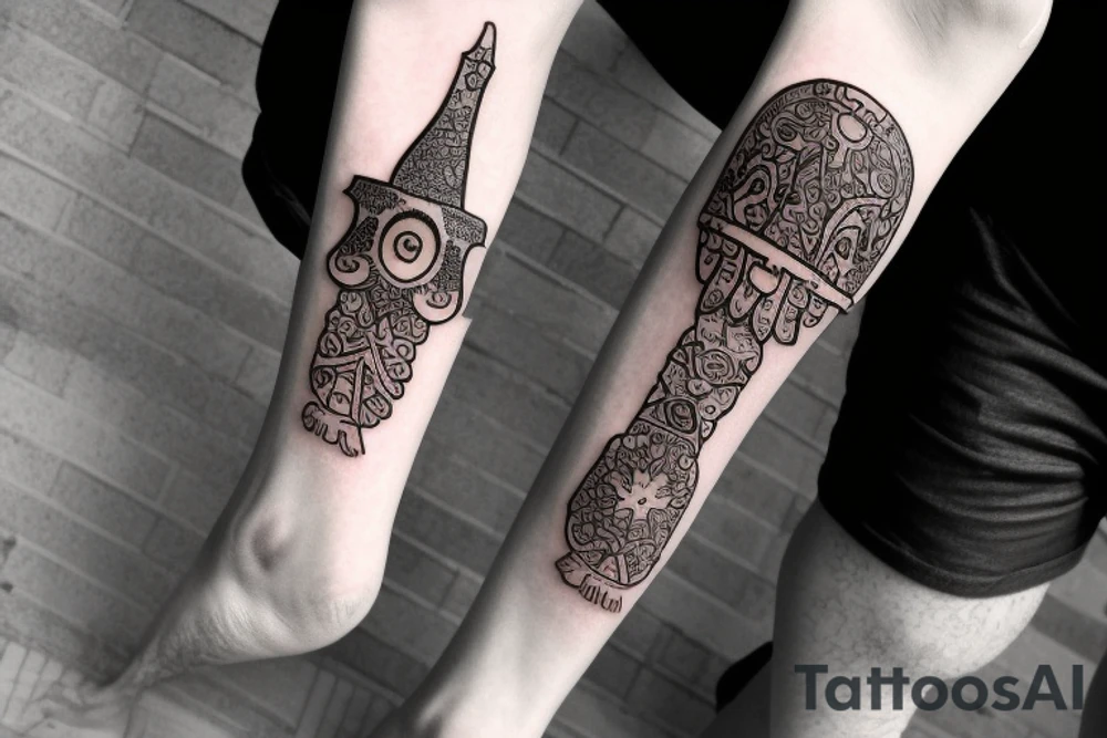 Calf tattoo featuring exactly three hamsa symbols. It's wrapped around the calf. tattoo idea