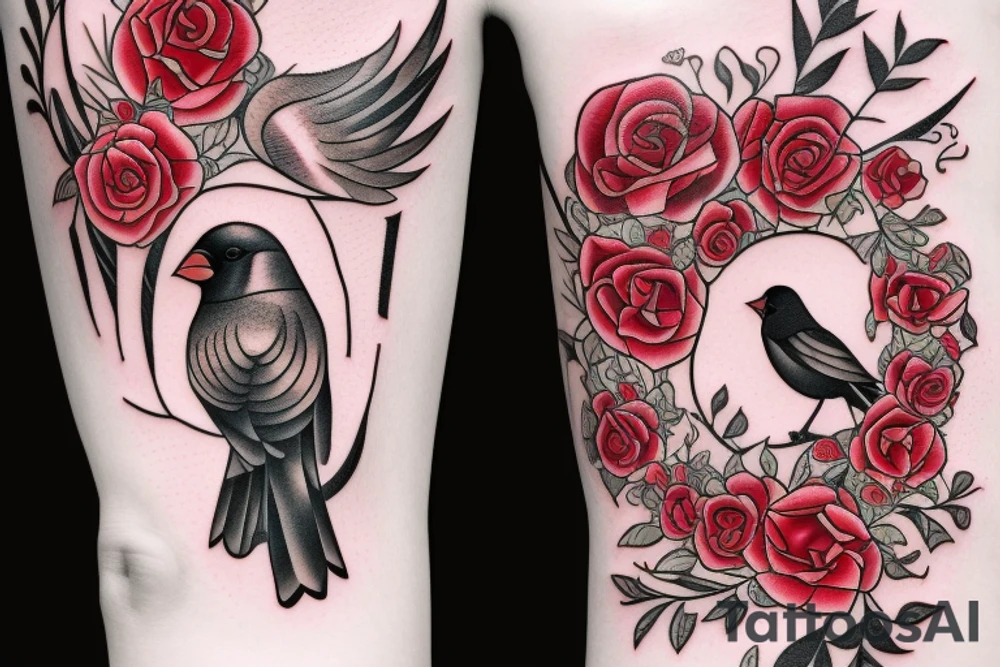 A long horizontal tattoo with the words “Her Love Whispers” in a memorial type of font surrounded by roses and a red cardinal. tattoo idea