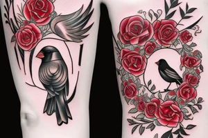 A long horizontal tattoo with the words “Her Love Whispers” in a memorial type of font surrounded by roses and a red cardinal. tattoo idea