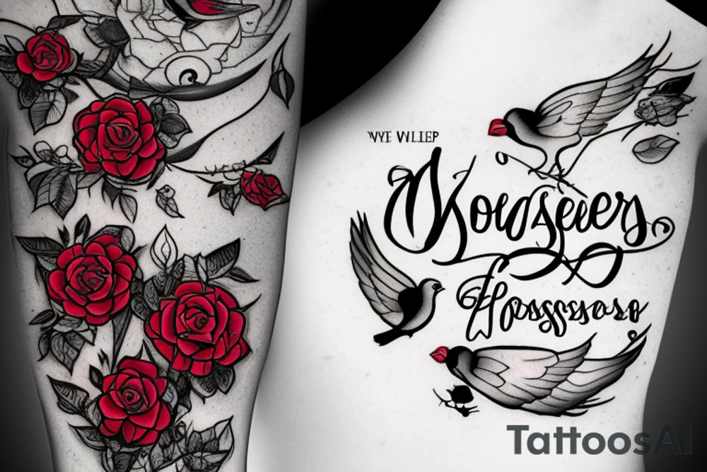 A long horizontal tattoo with the words “Her Love Whispers” in a memorial type of font surrounded by roses and a red cardinal. tattoo idea