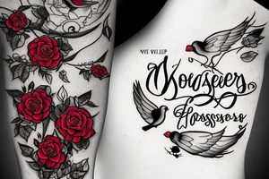 A long horizontal tattoo with the words “Her Love Whispers” in a memorial type of font surrounded by roses and a red cardinal. tattoo idea