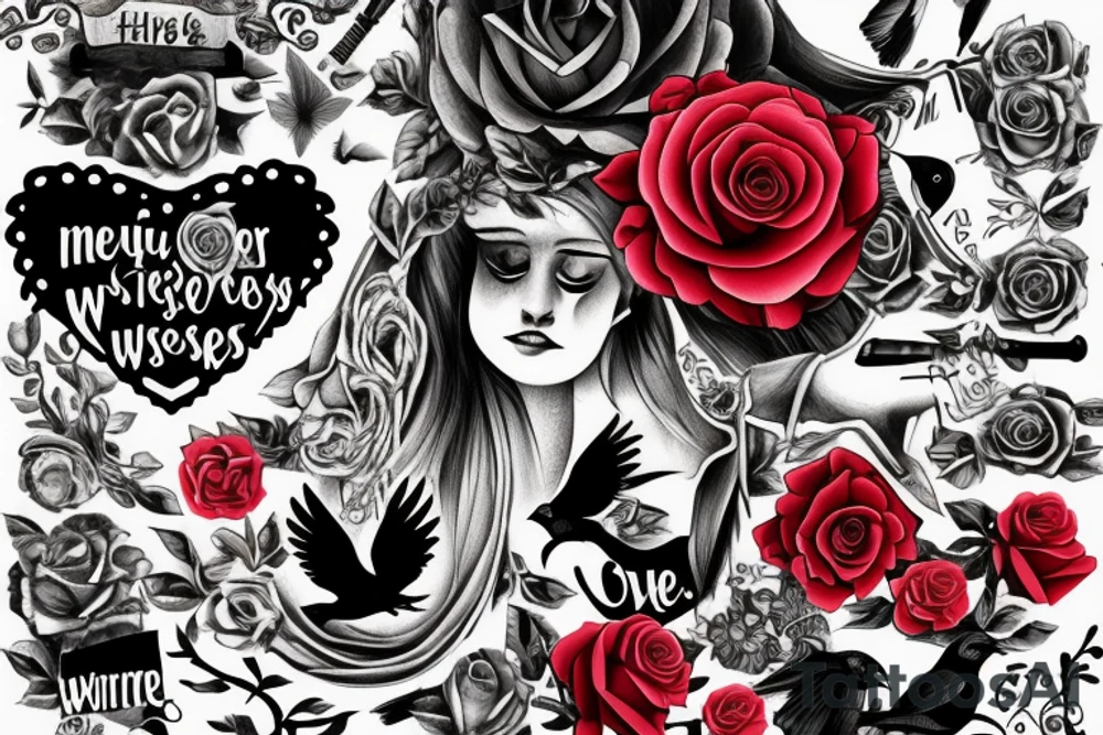 A long horizontal tattoo with the words “Her Love Whispers” in a memorial type of font surrounded by roses and a red cardinal. tattoo idea