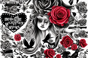 A long horizontal tattoo with the words “Her Love Whispers” in a memorial type of font surrounded by roses and a red cardinal. tattoo idea