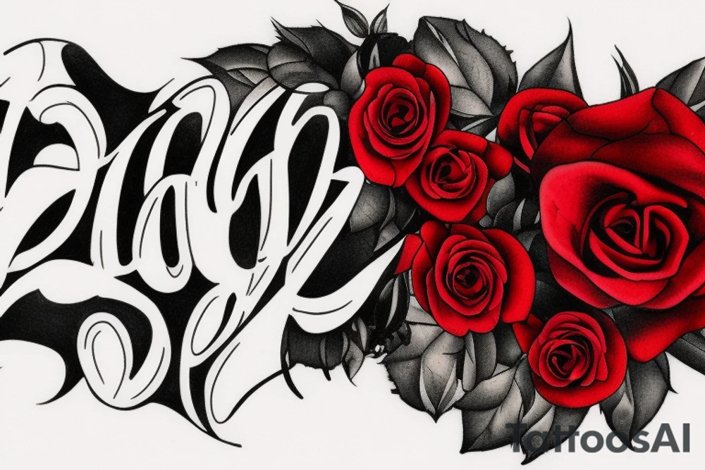 A long horizontal tattoo with the words “Her Love Whispers” in a memorial type of font surrounded by roses and a red cardinal. tattoo idea