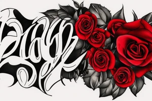 A long horizontal tattoo with the words “Her Love Whispers” in a memorial type of font surrounded by roses and a red cardinal. tattoo idea