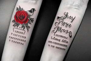 A long horizontal tattoo with the words “Her Love Whispers” in a memorial type of font surrounded by roses and a red cardinal. tattoo idea