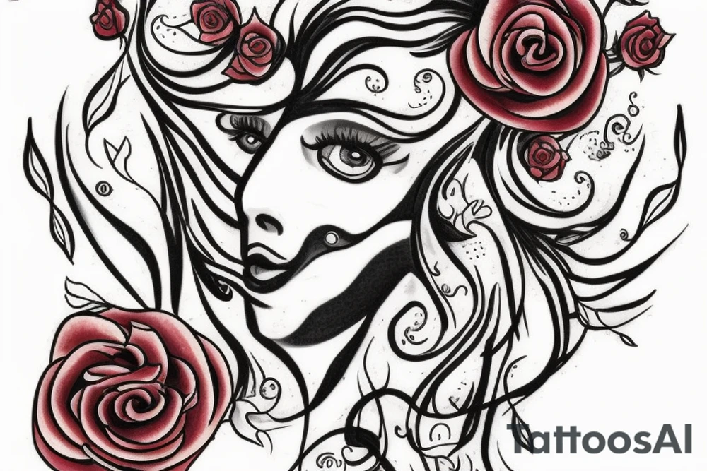 A long horizontal tattoo with the words “Her Love Whispers” in a memorial type of font surrounded by roses and a red cardinal. tattoo idea