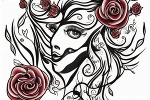 A long horizontal tattoo with the words “Her Love Whispers” in a memorial type of font surrounded by roses and a red cardinal. tattoo idea
