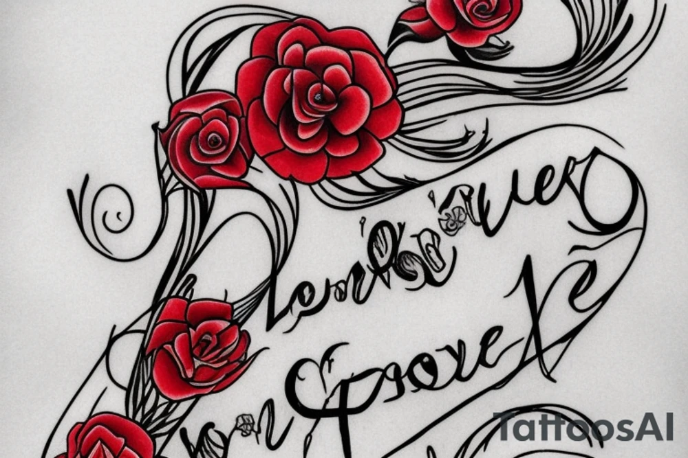 A long horizontal tattoo with the words “Her Love Whispers” in a memorial type of font surrounded by roses and a red cardinal. tattoo idea