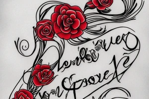 A long horizontal tattoo with the words “Her Love Whispers” in a memorial type of font surrounded by roses and a red cardinal. tattoo idea