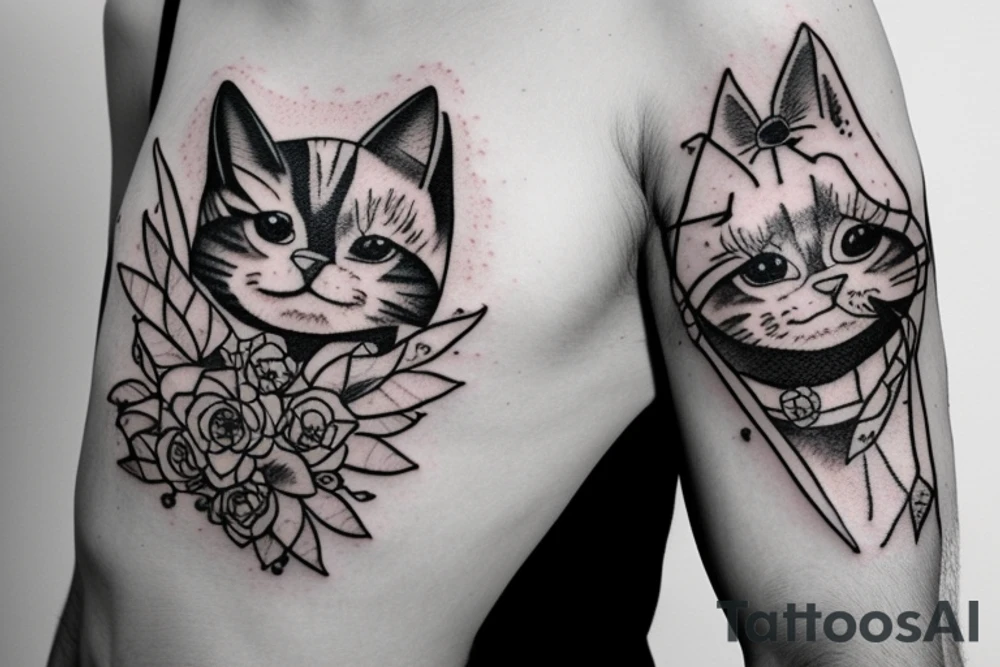 winking cat old school sleeve tattoo idea