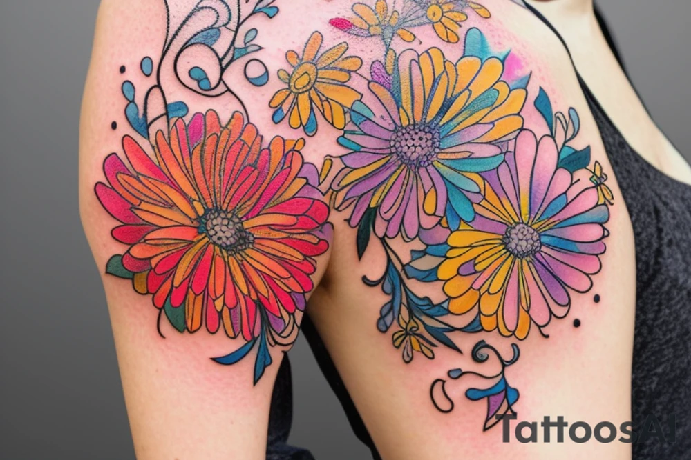 A splash of tiny flowers in full color on your shoulder: This design comprises of small, bright, and colorful flowers that spread across the shoulder and collarbones, forming a larger image​1​. tattoo idea