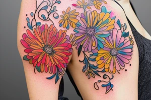 A splash of tiny flowers in full color on your shoulder: This design comprises of small, bright, and colorful flowers that spread across the shoulder and collarbones, forming a larger image​1​. tattoo idea