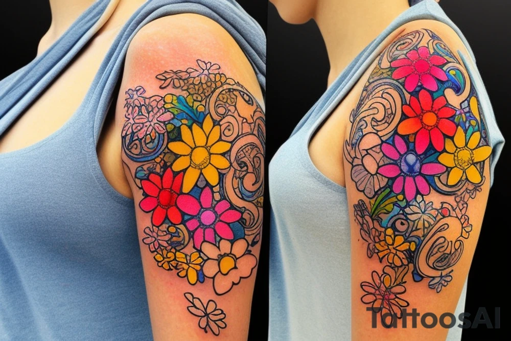 A splash of tiny flowers in full color on your shoulder: This design comprises of small, bright, and colorful flowers that spread across the shoulder and collarbones, forming a larger image​1​. tattoo idea